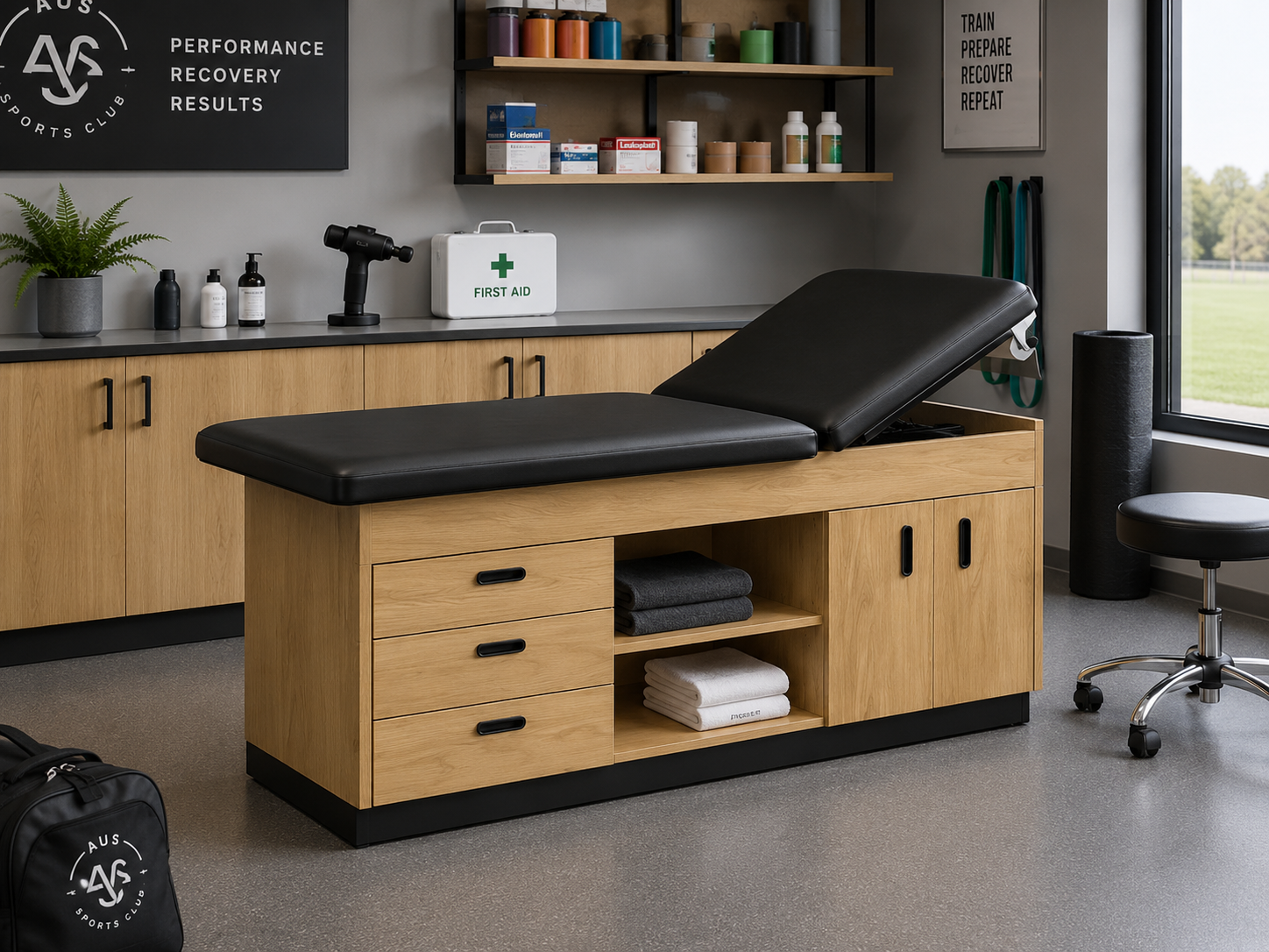 Titan Medical treatment bench with timber storage in a sports club recovery room
