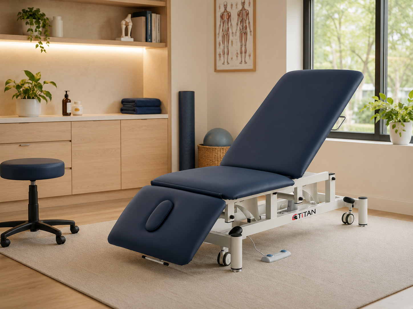 Titan Medical navy blue 3-section electric treatment table in a physiotherapy clinic